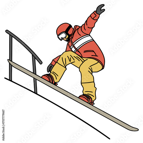 Snowboarder grinding on a rail with red and yellow outfit snowboarding winter sport