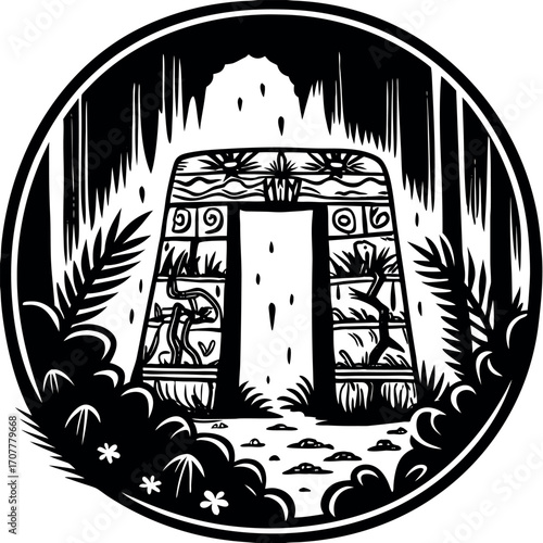 Ancient stone archway jungle entrance with tribal patterns vector