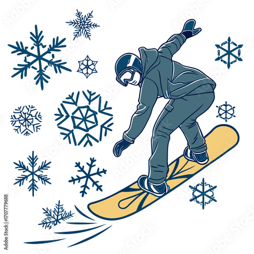 Snowboarder in Action Surrounded by Snowflakes snowboarding winter