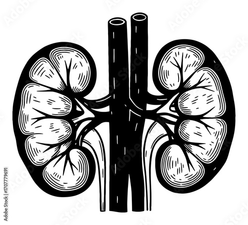 Detailed Human Kidneys Simple Style Medical Anatomy Illustration Black and White Outline Line Art Drawing