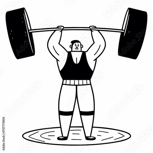 Stylized man lifting a heavy barbell overhead weightlifting overhead press