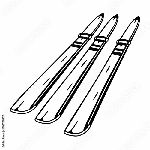 Three Skis Lying Down Together on a White Background ski equipment winter sports
