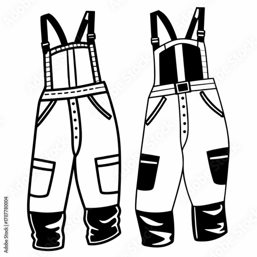 Two Pairs of Snow Bib Overalls with Pockets and Straps on White Background snow bibs snow pants