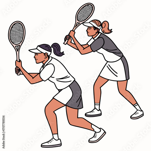Two women playing tennis in a dynamic pose with rackets on a white background tennis players sports