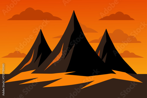 Black Volcanic Peaks Rising From Barren Land Scene