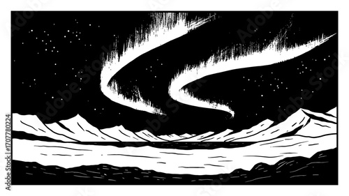 Arctic Landscape with Aurora Borealis Night Sky Black and White Outline Line Art Drawing for Coloring Book Style