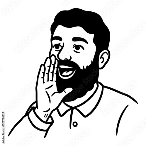 Bearded Happy Man Shouting Loudly with Hand Near Mouth Black and White Outline Line Art Drawing Illustration