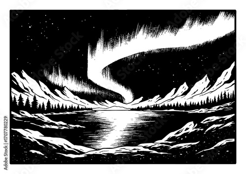 Arctic Landscape with Lake and Aurora Borealis Night Sky Reflection Black and White Outline Line Art Drawing