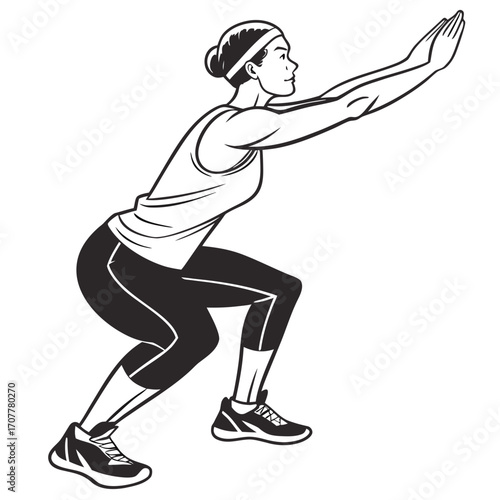 Woman performing squat exercise with arms extended forward on white background Keywords: woman, squat, exercise, fitness, gym, workout, strength training, legs, glutes, athletic, healthy lifestyle