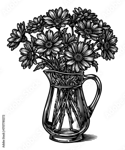 Beautiful Flowers in a Clear Glass Pitcher Black and White Outline Line Art Drawing Illustration