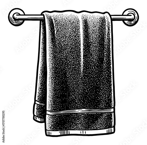 Hanging Towel on a Rod Black and White Outline Line Art Drawing Vector Illustration Isolated Object