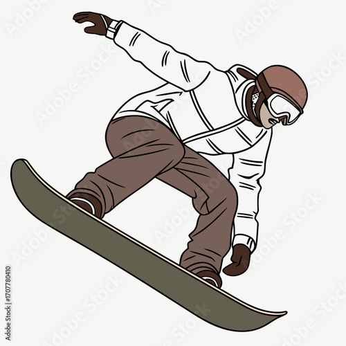 A snowboarder in a white jacket and brown pants performing a trick on a snowboard with a white background