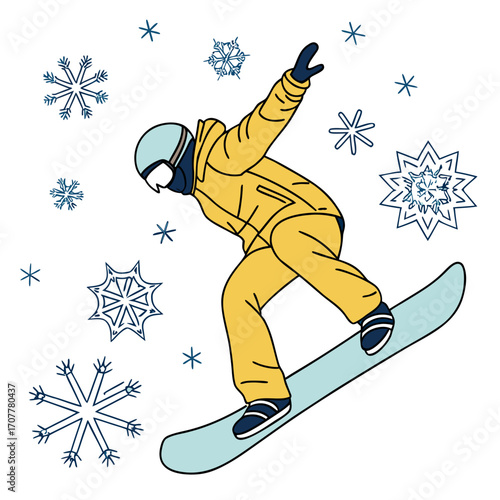 A snowboarder in a yellow jacket and blue snowboard surrounded by snowflakes on a white background snowboarding