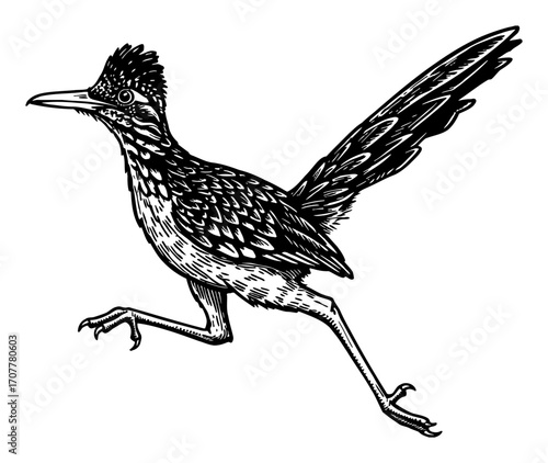 Dynamic Road Runner Bird Running Fast Stride Motion Side Profile Black and White Outline Line Art Drawing