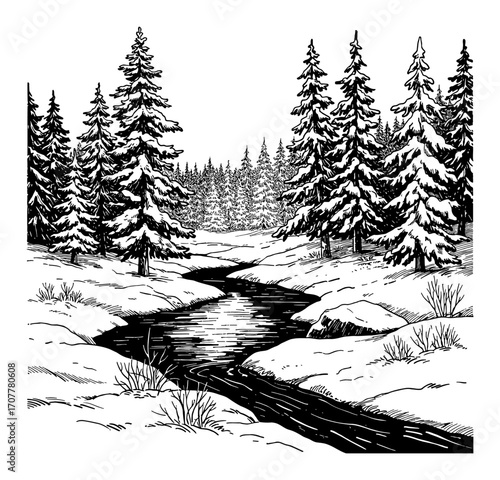 Snowy Forest and River Landscape Black and White Outline Line Art Drawing Winter Coloring Book Style