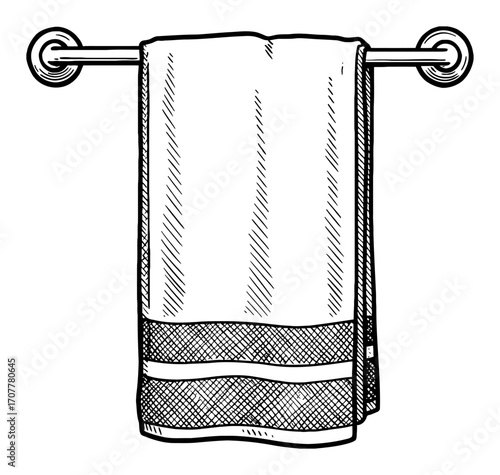 Bathroom Towel Hanging Neatly on a Metal Rod Vintage Black and White Outline Line Art Drawing Style