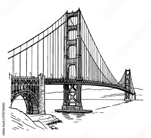 Golden Gate Bridge Side View Illustration in Classic Black and White Outline Line Art Drawing