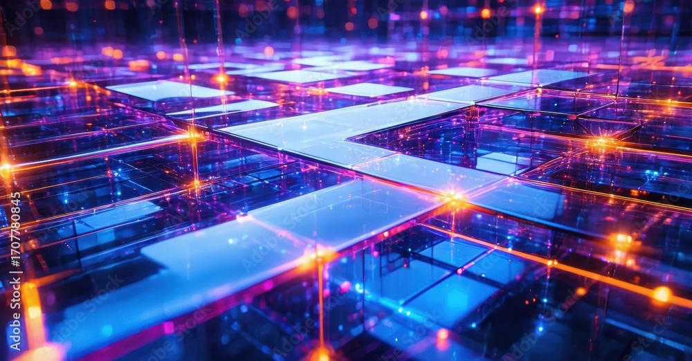 Obraz premium Abstract digital network. Glowing lines connect floating platforms. Futuristic technology concept, vibrant colors, dark background.