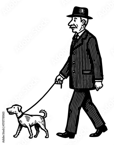 Vintage Gentleman Walking a Dog on Leash Cartoon Style Black and White Outline Line Art Drawing