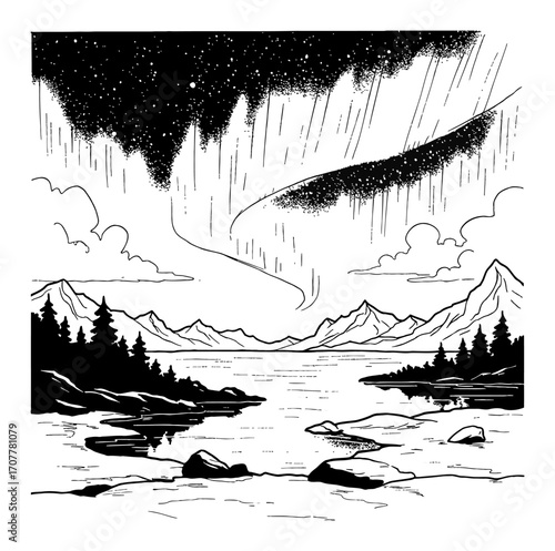 Arctic Landscape with Lake and Aurora Borealis Night Sky Black and White Outline Line Art Drawing