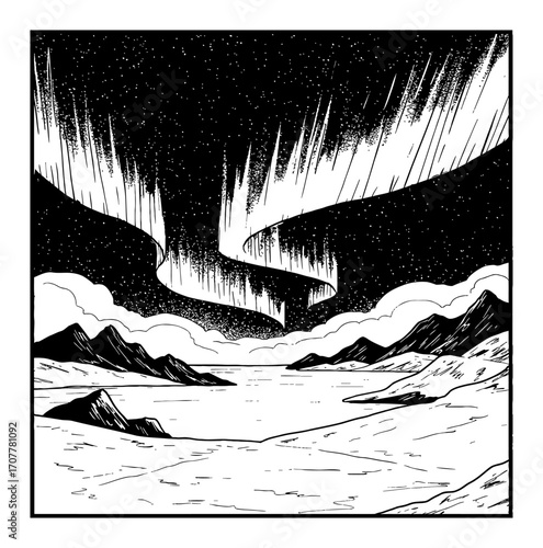 Arctic Landscape with Aurora Northern Lights Polar Winter Sky Black and White Outline Line Art Drawing