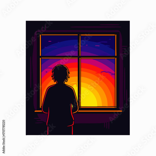 Embracing a serene morning, a solitary figure finds a moment of quiet contemplation while gazing at a vibrant, stylized sunrise through a window, fostering mindfulness.