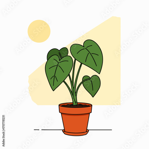 Minimalist illustration of a vibrant green potted houseplant, symbolizing growth, tranquility, and a serene home environment, reflecting a peaceful start and mindful living.