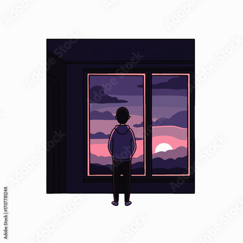 A person stands silently by a window, observing the tranquil beauty of a sunrise, embracing a moment of peaceful solitude and mindful reflection.