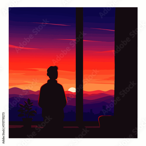 A solitary figure stands by a window, observing the breathtaking sunrise, embracing a deeply peaceful moment of quiet contemplation and mindful reflection.