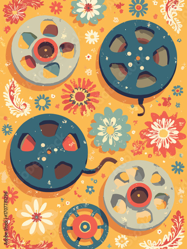 Reel-to-reel paisley — tape spools integrated into paisley repeat, marigold background with fabric grain