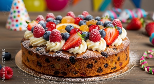 A delicious fruit cake, adorned with a vibrant array of fresh berries and topped with a sweet cream frosting, sits on a wooden table.