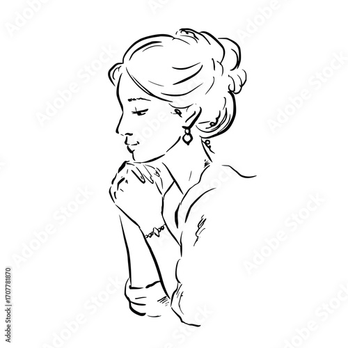 Profile of dreamy thoughtful young woman. Vector whimsical quickly sketch line art illustration. Perfect for book romance aesthetics, journaling, feminine projects, posters, vintage covers, prints.