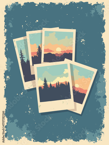 Polaroid nostalgia — instant photo strips fanned over faded denim texture, warm film tones, soft vignette
