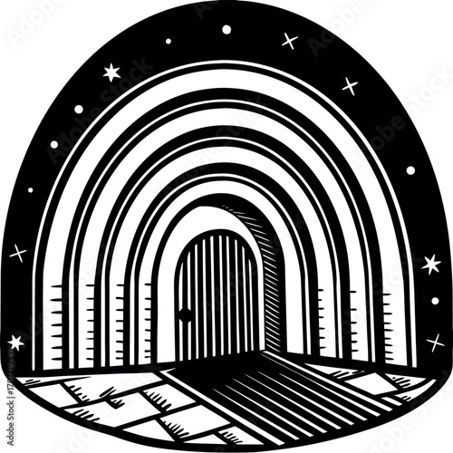 Black and white illustration of a layered archway with a gate and stars vector