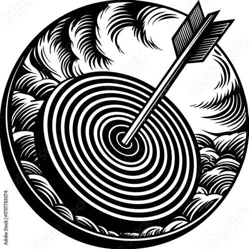 Black arrow striking center of concentric circle target with stylized wavy background bullseye