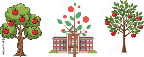 Apple trees with red fruits, educational building background, symbolic learning concept, botanical illustration, ripe apples, harvest, nature and knowledge connection