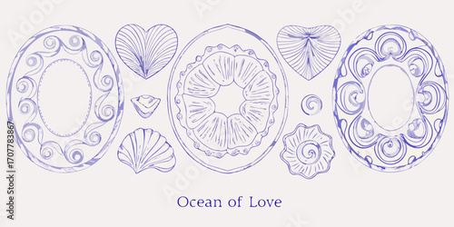 Collection of hand drawn blue line art ocean inspired decorative elements and hearts on a pale background