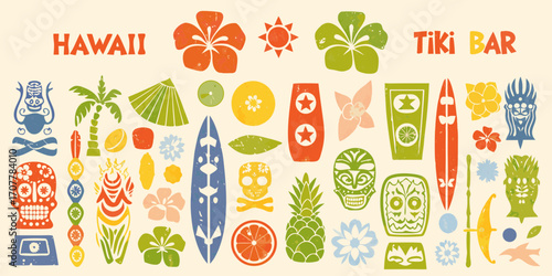 Vibrant hawaiian tiki bar illustration featuring tropical icons and text