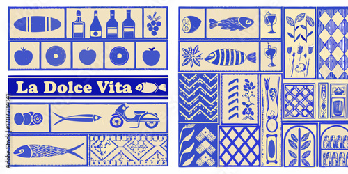 La dolce vita italian lifestyle collage with food drink scooter and decorative patterns