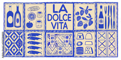 La dolce vita italian lifestyle collage with food wine and decorative elements in blue and beige