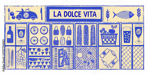 La dolce vita italian lifestyle collage featuring food drinks and vintage elements in blue and cream