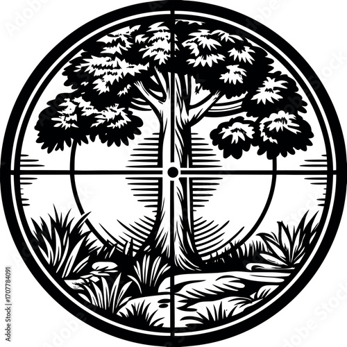 Forest scene viewed through sniper scope crosshairs trees foliage