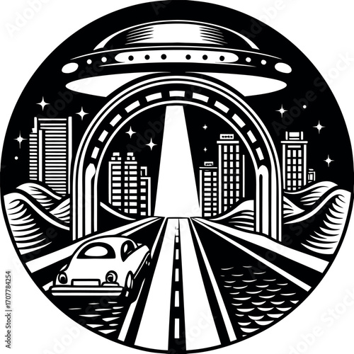 Futuristic city gateway with flying saucer and car vector