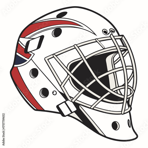 Hockey Goalie Mask with Red and Blue Accents on White Background Keywords: hockey goalie mask, goaltender mask, ice hockey helmet, sports equipment, protective gear, athletic equipment, sports