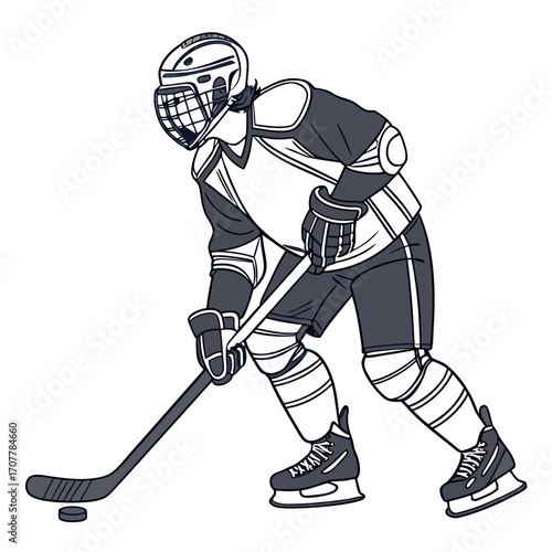 Hockey player in uniform with helmet and stick preparing to hit puck in dark blue silhouette ice hockey