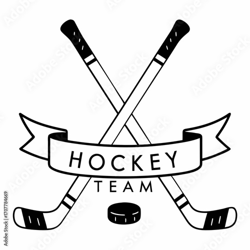 Hockey team emblem with crossed sticks puck and ribbon logo symbol