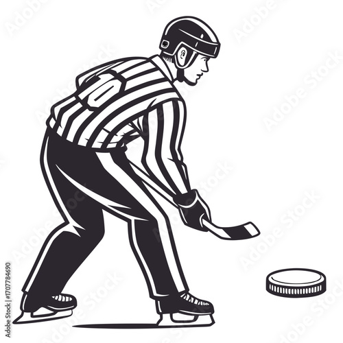 Ice Hockey Referee with Stick and Puck Ready for Faceoff official umpire