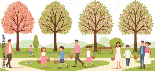 Families and children enjoying Easter egg hunt in spring park, walking with baskets, colorful eggs, blooming trees, outdoor fun activity