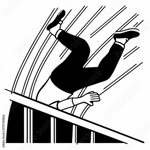 Person falling down stairs with motion lines Keywords: falling, stairs, accident, danger, injury, falling down, tumbling, tripping, losing balance, descent, step, railing, motion, speed, dynamic
