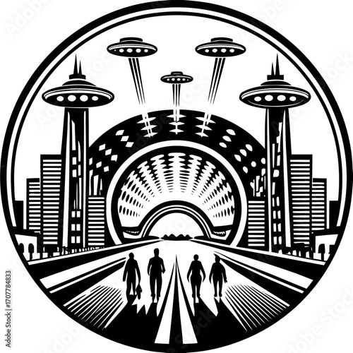 Futuristic cityscape with flying saucers and people walking vector